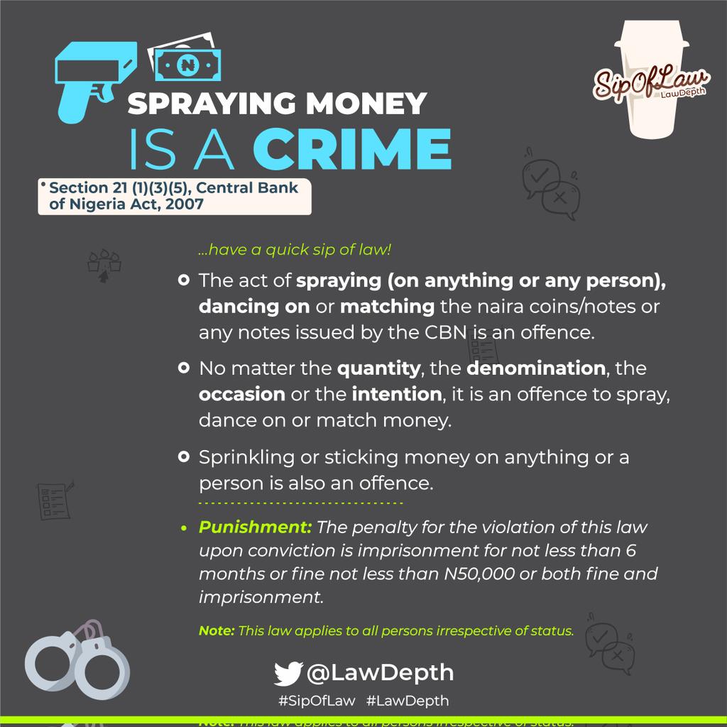 LawDepth's tweet photo. Decembers and Januarys are always filled with occasions... Don't get yourself in jail just for celebrating.

Now you know, sticking money on a thing or a person, dancing on money, stepping on money, spraying money all constitute defacing the naira.

#SipOfLaw
#LawDepth https://t.co/ob5tmGUil7