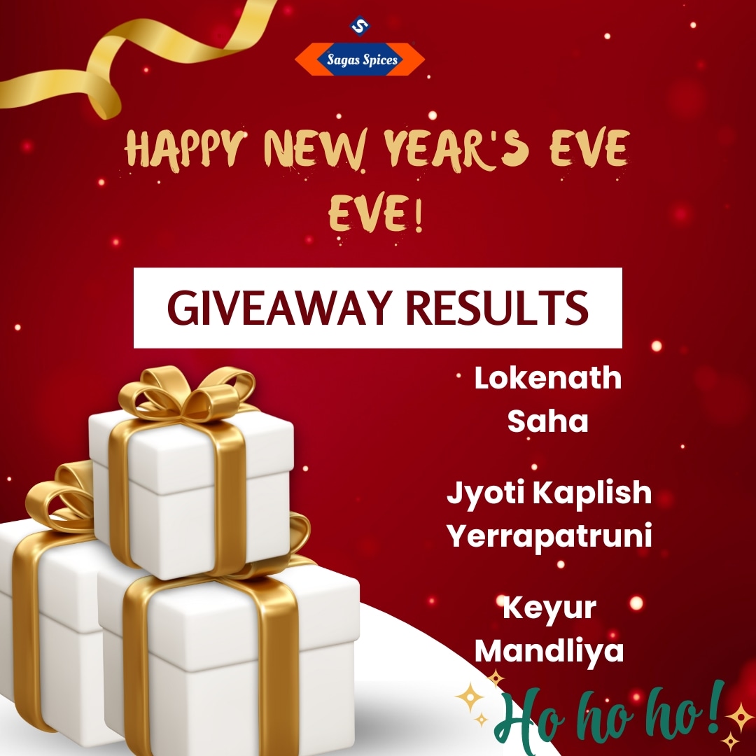 SagasSpices's tweet photo. Happy New Year's Eve Eve..
Congratulations to the Winners 🥳🎉
Winner 1- @lokenatheastbengalian
Winner 2- @punjabi_taddkaa
Winner 3- @__keyuuur._____.2007
We will get in touch with you all shortly!

#giveaway #giveawayresults #newyear #surprisegifts #sagasspices #spicesofindia https://t.co/As8XYbxWJO