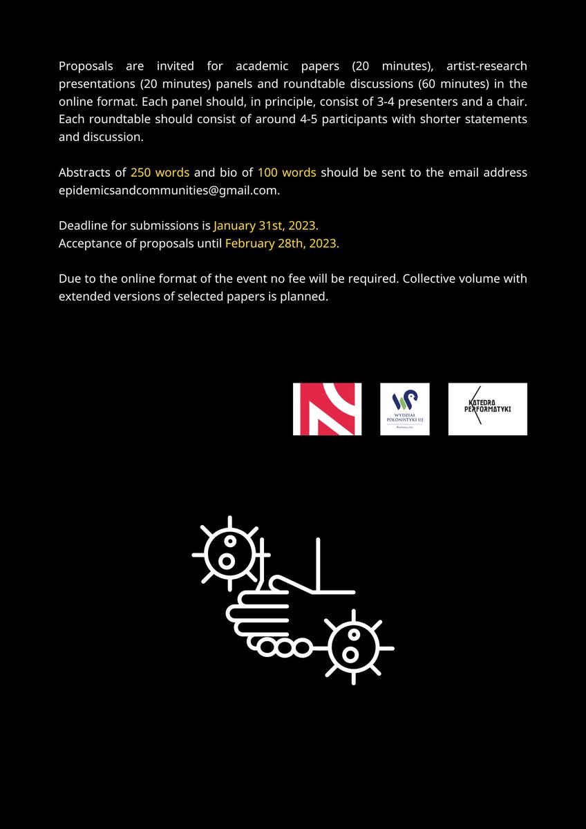 PerfoUJ's tweet photo. 2023 at @PerfoUJ is going to be contagious! International Interdisciplinary Online Conference "Contagion. Between Contiguity and Community", 24-26 May 2023. See our latest Call for Papers! #contagion #covid19 #newmaterialism #epidemic #pandemic #conference https://t.co/HRBmbs8FHu