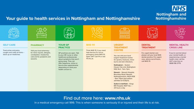 If you need the NHS choosing the right service is very important.

•Think pharmacy 
•GP
•NHS 111 online 
•Keep A&amp;E free for emergencies only

Help reduce pressure on A&amp;E - so they can help those who need it most.