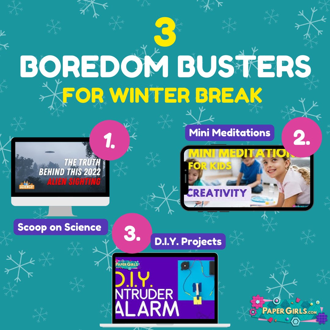 PaperGirlsTV's tweet photo. Looking for some fun #WinterBreak activities? Check out all of our #fun & #engaging boredom busters!
❄️Find them all here: https://t.co/w7n5YN0cLo
#papergirlstv #papergirlsshow #papergirls #PGTV #makered #makerspace #holidays #craftykid #scooponscience #minimeditationsforkids https://t.co/Sb5eoWfp9I