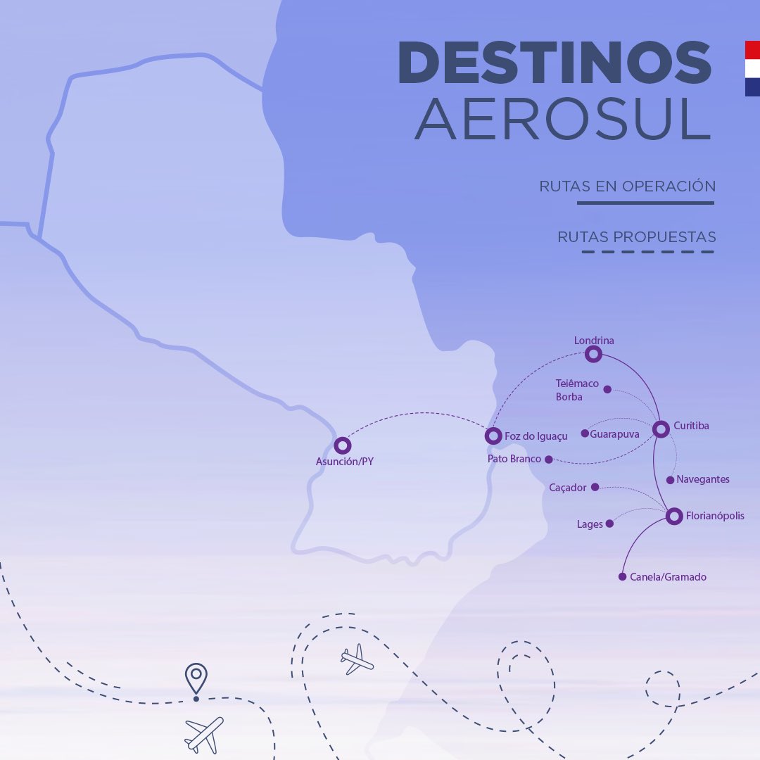 🇧🇷🛬🇵🇾👏🏻 | ¡Buenas noticias! 
#NuevasRutas: La empresa AEROSUL líneas aéreas del Brasil, tiene previsto iniciar a mediados del mes de enero del año 2023, operaciones aerocomerciales de carácter regular entre Foz de Iguazú y Asunción.