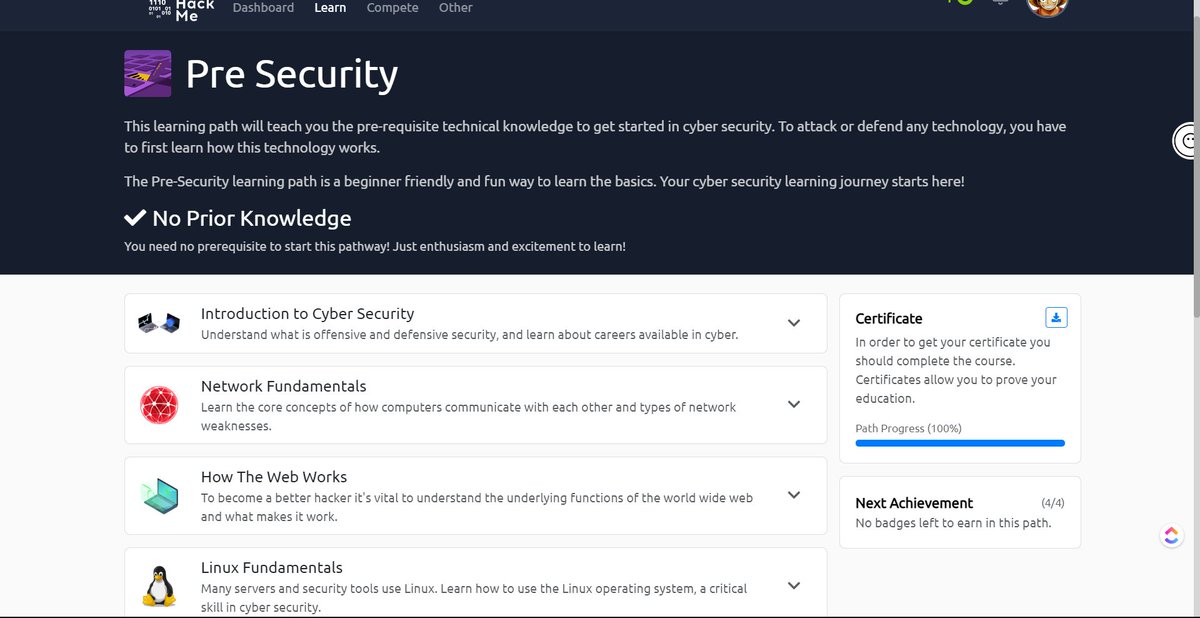 huihui2002s's tweet image. Completed my first learning path @RealTryHackMe 
#PreSecurity #IntroductionToCyberSecurity