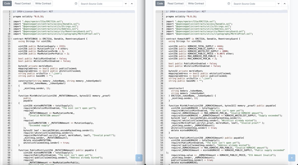 Here we go again...

The @KomachiNft contract looks identical to the Sekari and Mutation ones (both drainers).

You don't get drained by the contract, but from the website. The fact these projects use the same contracts probably means they're from the same team.
