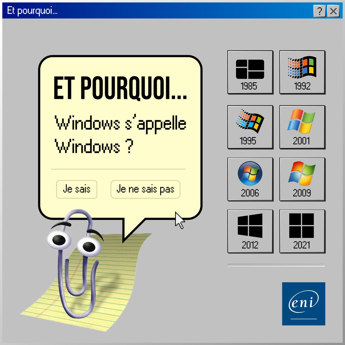 EditionsENI's tweet image. ❔ Savez-vous pourquoi Windows s’appelle ainsi ?
À ses débuts, #Windows est une interface graphique pour DOS et MS-DOS. Le produit de #Microsoft n’est alors pas un OS et sa particularité était d’ouvrir les requêtes dans des... fenêtres d’affichage.
👌 D’où "Fenêtres" !
