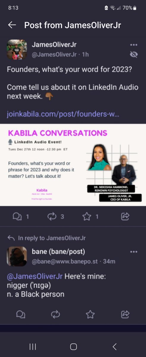 A week ago, I was callled Ni***r on <a href="/joinmastodon/">Mastodon (@Mastodon@mastodon.social)</a> and reported the guy and reposted the comment over there. No one said anything and I haven't heard from them about the report. 

But this is the new non-toxic place on social media? 👌🏾

Nah, I'm good with that.