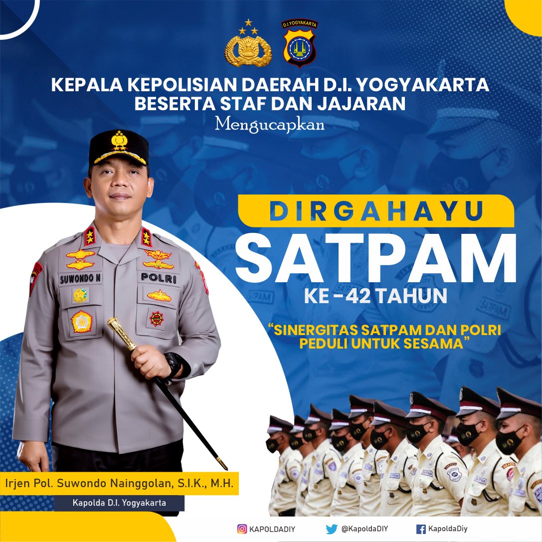 kapoldaDIY's tweet photo. Kepala Kepolisian Daerah Daerah Istimewa Yogyakarta beserta Staff dan Jajaran Mengucapkan Selamat HUT Satpam ke-42.

#PolriPresisi
#TransformasiPolri https://t.co/Ew2M4cf4nA