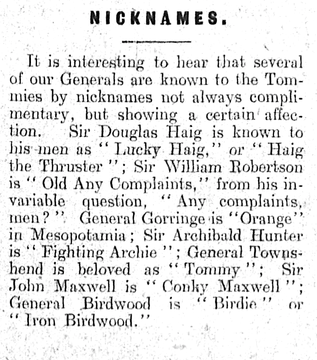 Some nicknames of #fww generals from the Pennington Press, #trenchjournal , December 8th 1918.  #ww1