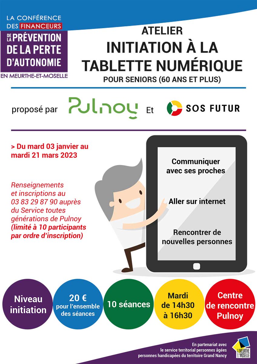 [Atelier tablettes]

📱 Une nouvelle session des ateliers d'initiation aux tablettes numériques pour #seniors débutera le 3 /01 jusqu'au 21/03. 
➡ Le nombre de places est limité, ne tardez pas à vous inscrire auprès du service toutes générations de #Pulnoy ☎️ 03 83 29 87 90