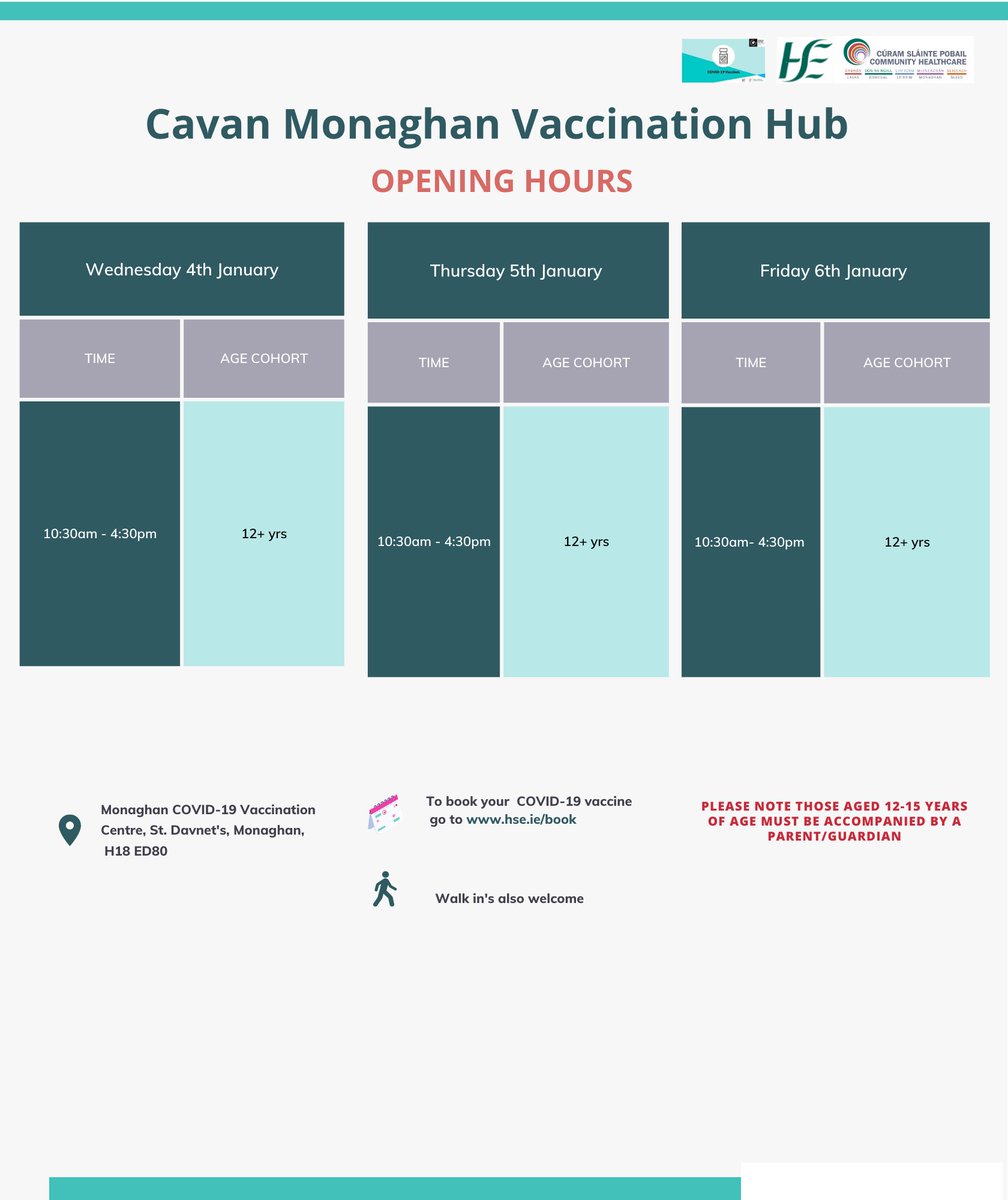 All adults can now avail of their second COVID-19 booster vaccination. You can get yours in Cavan Monaghan at the below times: @HSELive @cavancoco @MonaghanCoCo @theNSMonaghan @NewsonNS @theanglocelt