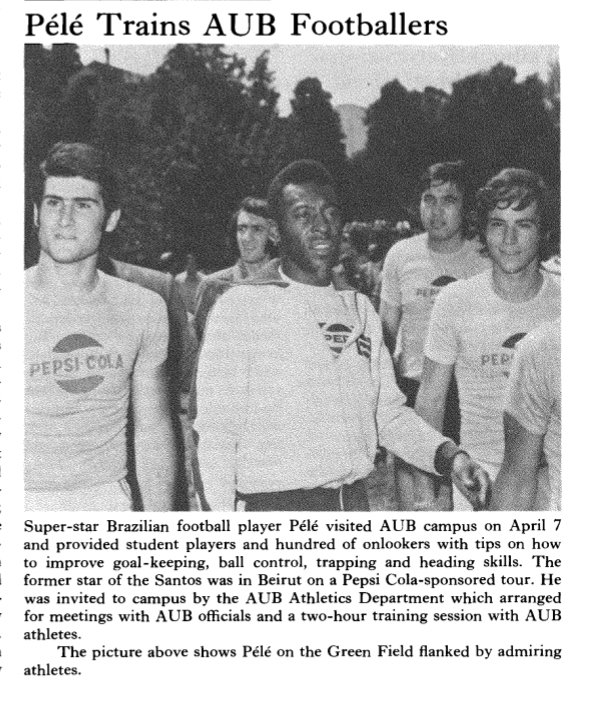 simonkachar's tweet photo. Pelé on the #AUB Greenfield playing and training students in 1975. Featured as well in the AUB Bulletin 
(Photos and documents courtesy of AUB Libraries - Archives and Special Collections) 
@AUB_Lebanon https://t.co/Svqlfj2dEJ