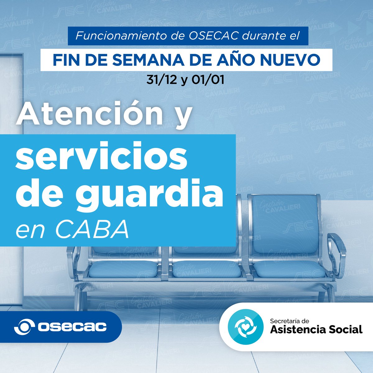 ¡Atención – OSECAC! 

ℹ️ A continuación, les compartimos la siguiente información sobre la atención y servicios de guardia de #OSECAC en CABA durante el fin de semana de Año Nuevo - 31/12 y 01/01

Pueden encontrarla ingresando en 👉 osecac.org.ar/Visualizadores…

#SoyComercio #SoySEC