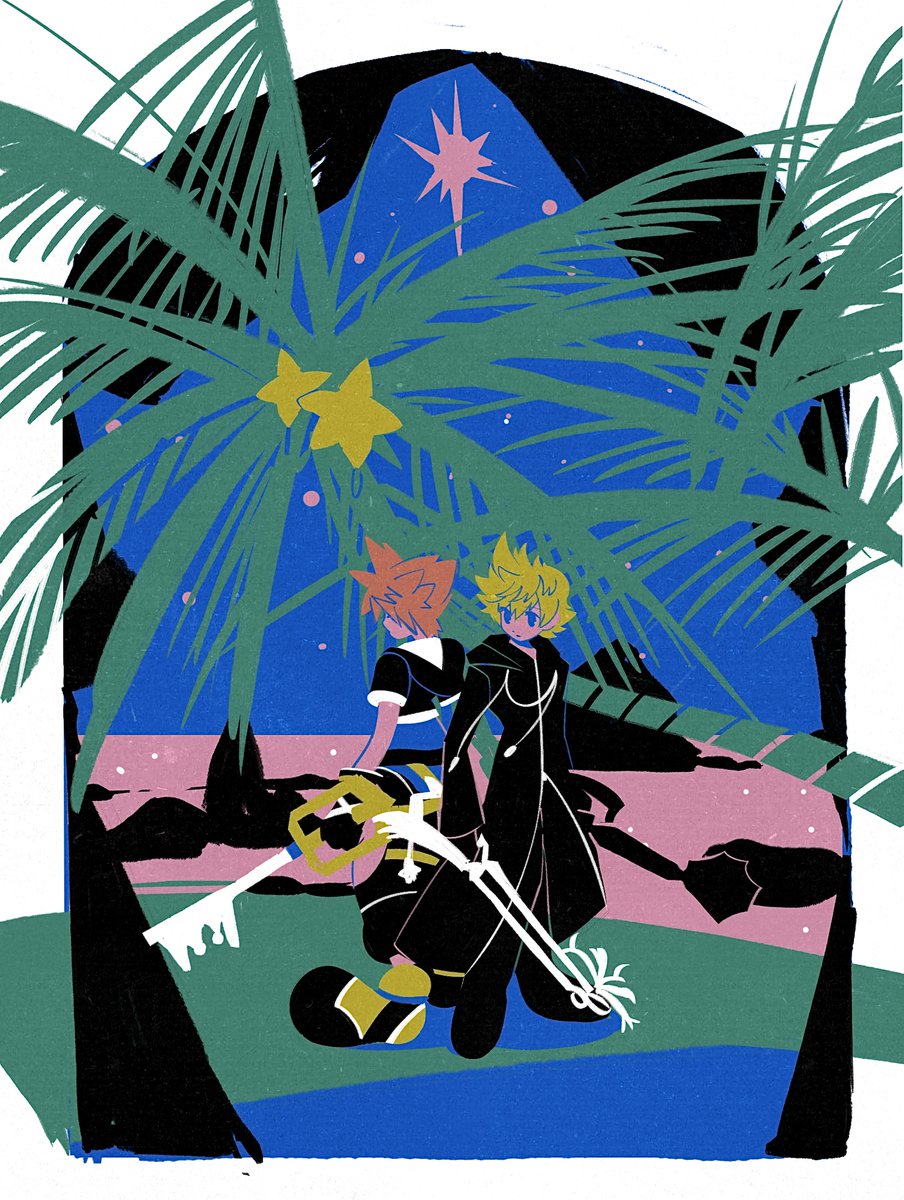 sora (kingdom hearts) palm tree spiked hair multiple boys 2boys blonde hair tree male focus  illustration images
