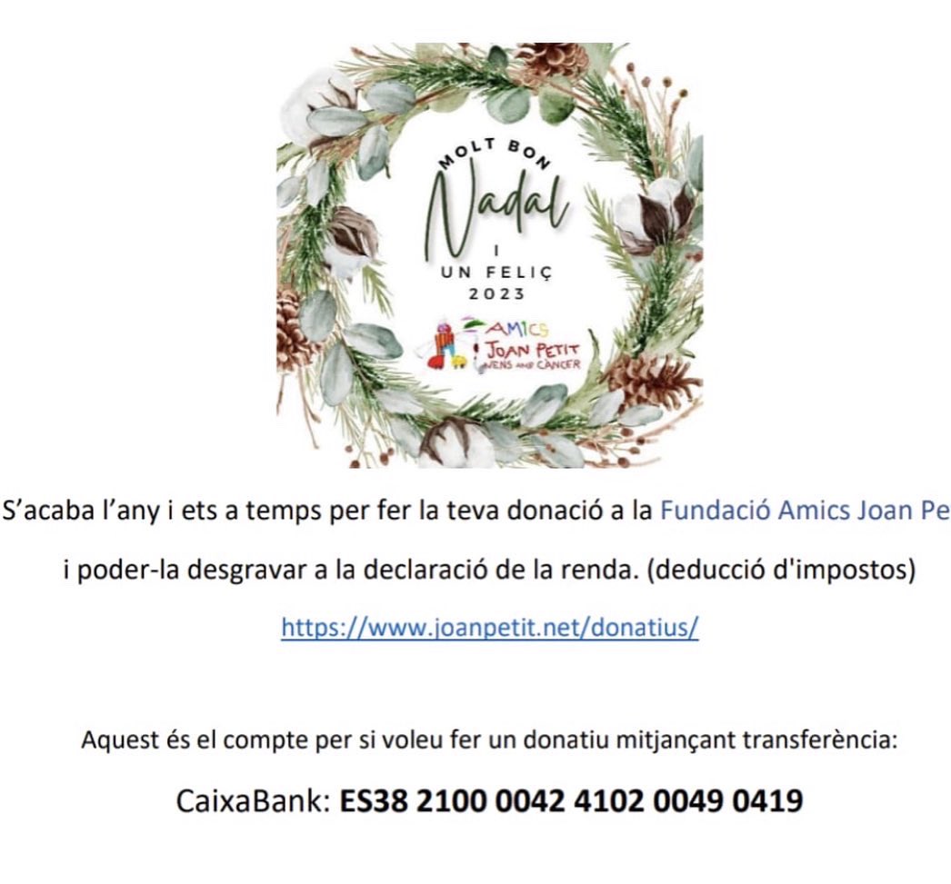 AmicsJoanpetit's tweet photo. 🙏🏽Fes el teu donatiu abans que acabi l’any i recupera’n una gran part.
😉Ser solidari/a és la millor manera d’acabar el 2022.
#stickcontent ☺️ #stickcontenta #JoanPetitNensAmbCàncer https://t.co/haPzc0ikAk