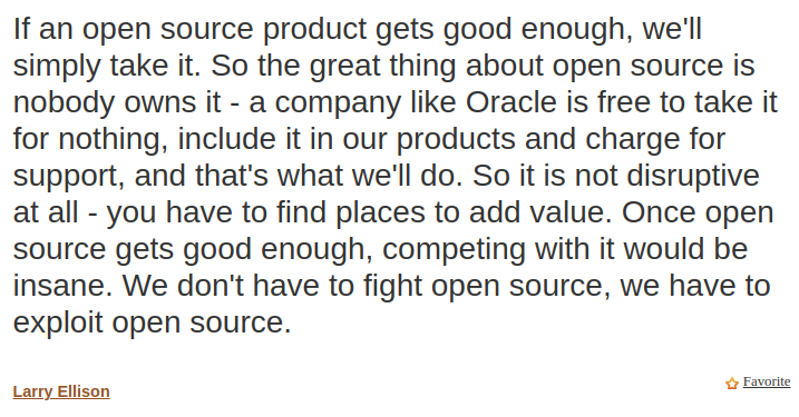 methadata's tweet photo. RT @nixCraft@mastodon.social
We don't have to fight open source, we have to exploit open source. -- Larry Ellison, Oracle. Interview source https://t.co/TG7KzkOk9E 🤨
https://t.co/n5uFPsIZnf https://t.co/70NGr8rvAo