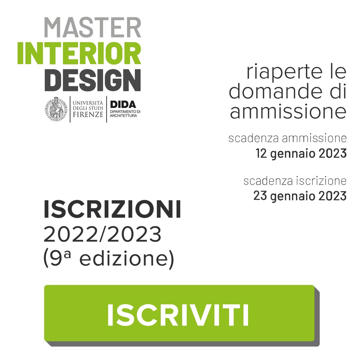 design_unifi's tweet photo. Sono riaperte le domande di ammissione alla 9ª edizione del Master in Interior Design di 1° livello di #unifi.

Per maggiori info scrivi a: master.interior@dida.unifi.it

#masterinteriordesign #interiordesign #master #interior #designproject #designinterior #openregistration https://t.co/J1MyVihFCL