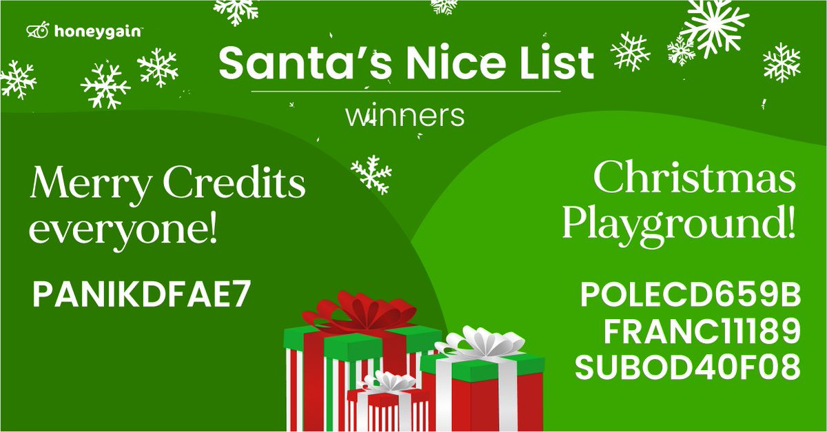 Congratulations! 🎁 “Christmas playground” #Winners get 7,000 #Honeygain credits! “Let it share!” winners can check their dashboards for prizes 😉 “Merry Credits, Everyone!” winner gets headphones! You can still participate 👉 r.honeygain.com/BigSantasListTW