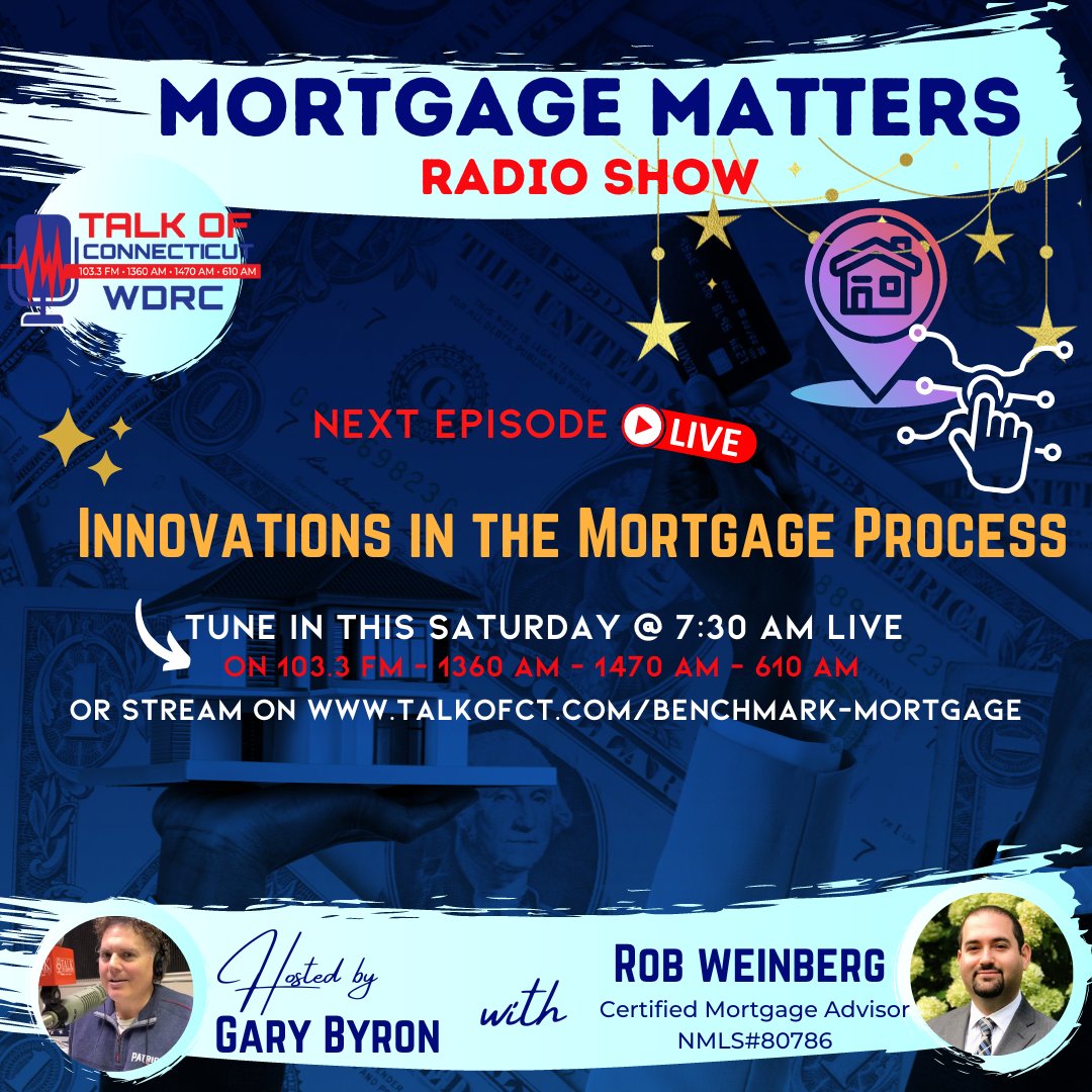 Benchmark Mortgage NMLS#80786 (@weinberglending) on Twitter photo Tired of the tedious and time-consuming #mortgageprocess? 💰 Tune in to <a href="/talkofct/">Talk of Connecticut</a> at 7:30am 📻 to hear about the latest innovations in the mortgage industry 🚀.
We'll discuss new technologies that streamline the process and make it easier for home buyers to secure financing 🏡. Tired of the tedious and time-consuming #mortgageprocess? 💰 Tune in to <a href="/talkofct/">Talk of Connecticut</a> at 7:30am 📻 to hear about the latest innovations in the mortgage industry 🚀.
We'll discuss new technologies that streamline the process and make it easier for home buyers to secure financing 🏡.