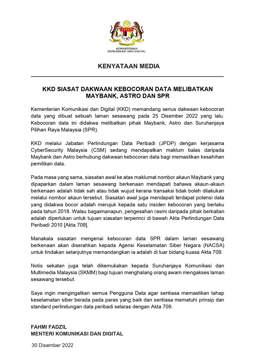 1. The Communications and Digital Ministry is investigating the alleged leak of customer data on a w...