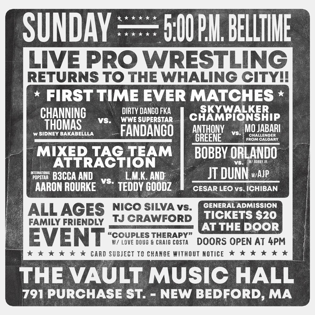 LIVEpwevents's tweet photo. It’s the hottest ticket in the territory &amp; there aren’t many left! 

This Sunday, LIVE Pro Wrestling returns to the Whaling City as the best &amp; brightest stars come to The Vault Music Hall in New Bedford, MA!

Limited tickets remain as we are anticipating a SOLD OUT event! https://t.co/ThU8LMgZab