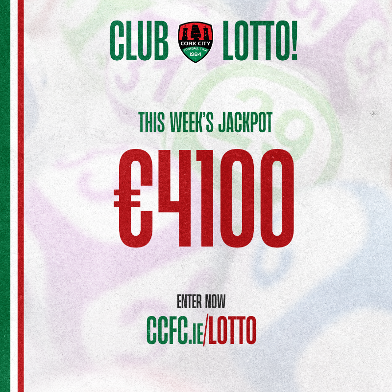 CorkCityFC's tweet photo. 𝗖𝗟𝗨𝗕 𝗟𝗢𝗧𝗧𝗢 𝗜𝗦 𝗕𝗔𝗖𝗞! 🤩

The Club Lotto returns on Monday, with the jackpot sitting at €4100! 💰

Enter now! 👇🏼

#CCFC84