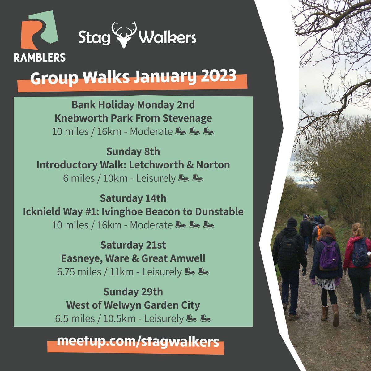 StagWalkers's tweet photo. 📢 Here’s our @RamblersGB walks programme for January:

❇️Short walks suitable for newcomers
❇️Some longer hikes
❇️The first section of a long-distance path!

➡️ To join us on a walk, book a free place on our Meetup page https://t.co/a9QdxTaNLF 

#groupwalks https://t.co/B38MXz7nKe