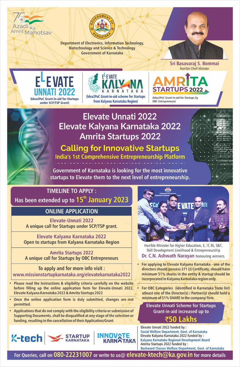 drashwathcn's tweet photo. 📌
Listen up startups!

Deadline extended for ELEVATE INNOVATE 2022, an Entrepreneurship Platform to encourage startups through ELEVATE UNNATI, KALYAN KARNATAKA, &amp; AMRITA STARTUP Initiatives.

To apply, visit:
https://t.co/8W84yQJSGg.

#BeyondBengaluru #GoodGovernanceMonth https://t.co/Qd21TLgJOi