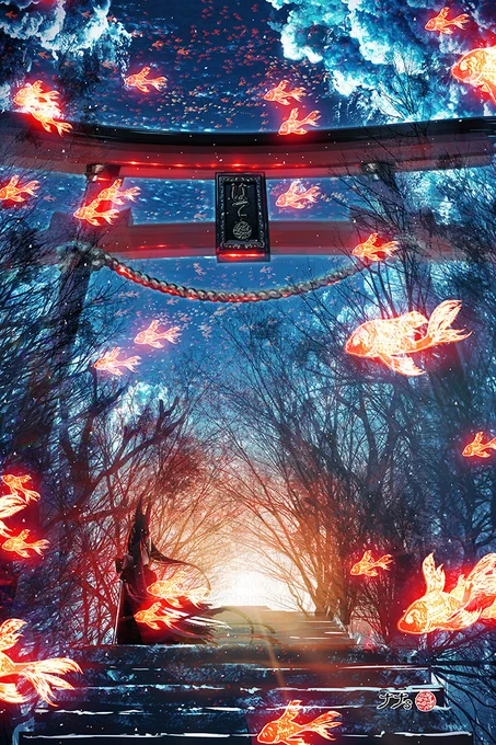 #2022年自分が選ぶ今年の4枚今年は金魚と鳥居で和風の世界を表現しました。来年はキャンバスを突き抜けるような迫力と奥行のあるイラストを描いていくと思います。 