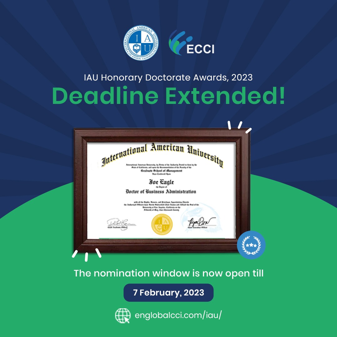 englobalcci's tweet photo. Deadline for IAU Honorary Doctorate Awards has been extended till 7 February, 2023.

Don't miss out on this chance to be recognised for your outstanding contributions.

To register and submit a nomination, simply visit: https://t.co/OMMncZ7cp3. (Link in Bio)

#IAU #ECCI https://t.co/MvN4A9rjwt