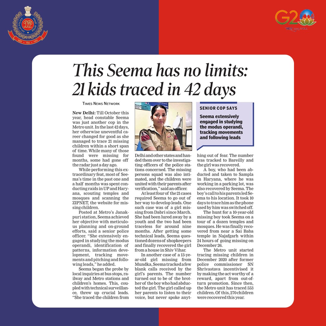 DelhiPolice's tweet photo. Our Head Constable Ms. Seema, P.S. Janak Puri Metro Station, achieved an exemplary feat by tracing down 21 missing children in last 42 days. Her dedication, extensive probe &amp; relentless raids at Delhi, Haryana &amp; UP made it possible.
@DCP_DelhiMetro
#HeroesOfDelhiPolice https://t.co/NXo3makuyH