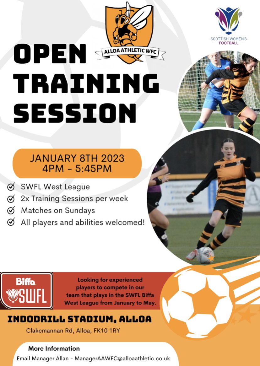 We will be hosting an open session at the Indodrill Stadium on Sunday the 8th of January from 4pm till 5:45pm ⚽️ If you are interested please fill out this short Google form - forms.gle/aoiPFsVxohk2KY… and/or email our team manager Allan at - ManagerAAWFC@alloaathletic.co.uk 🐝