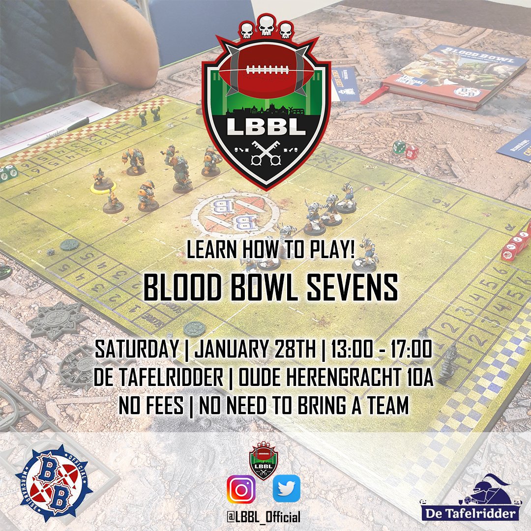 De LBBL host op za. 28/01/23 van 13 tot 17 uur een introductiedag voor #BloodBowlSevens bij de #Tafelridder in #Leiden! Speciaal voor diegenen die het spel eens willen proberen of iedereen die graag een oefenmatch speelt! Gratis, geen team nodig! <a href="/LBBL_Official/">Leiden Blood Bowl League</a> <a href="/BBLOCK_Leiden/">BBLOCK - Blood Bowl Leiden</a>