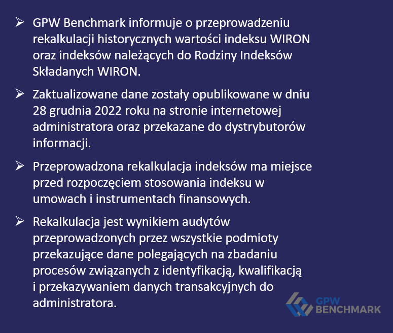 Nina_Vincenz's tweet photo. 📢W związku z pojawiającymi się #dez-informacjami, jakoby wartość indeksu #WIRON była rekalkulowana co kilka dni, razem z #GPWBenchmark podkreślamy, że rekalkulacja została przeprowadzona tylko RAZ i to PRZED rozpoczęciem stosowania indeksu w umowach i instrumentach finansowych👇 https://t.co/DXPZW2AjOQ
