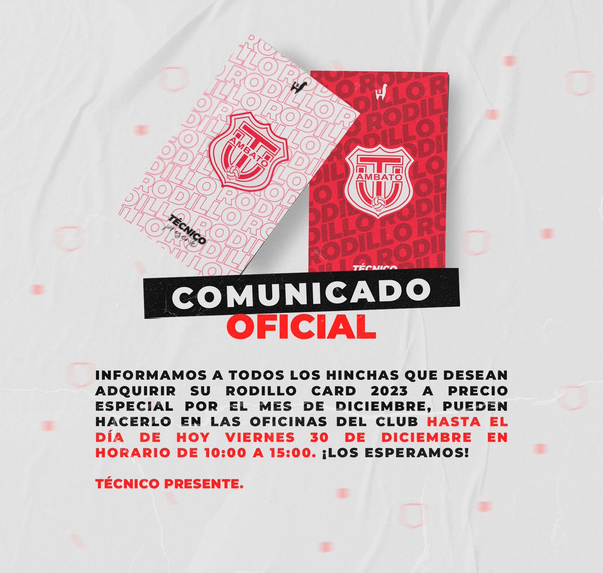 TecnicoUOficial's tweet photo. ¡Hincha Albirrojo!🔴⚪️

No te olvides que hoy 30 de diciembre, será el último día en el que podrás conseguir tú #RodilloCard2023 a un precio de locura. 💣

➡️ Te esperamos de 9:00-15:00

#TécnicoPresente https://t.co/v2moD9075z