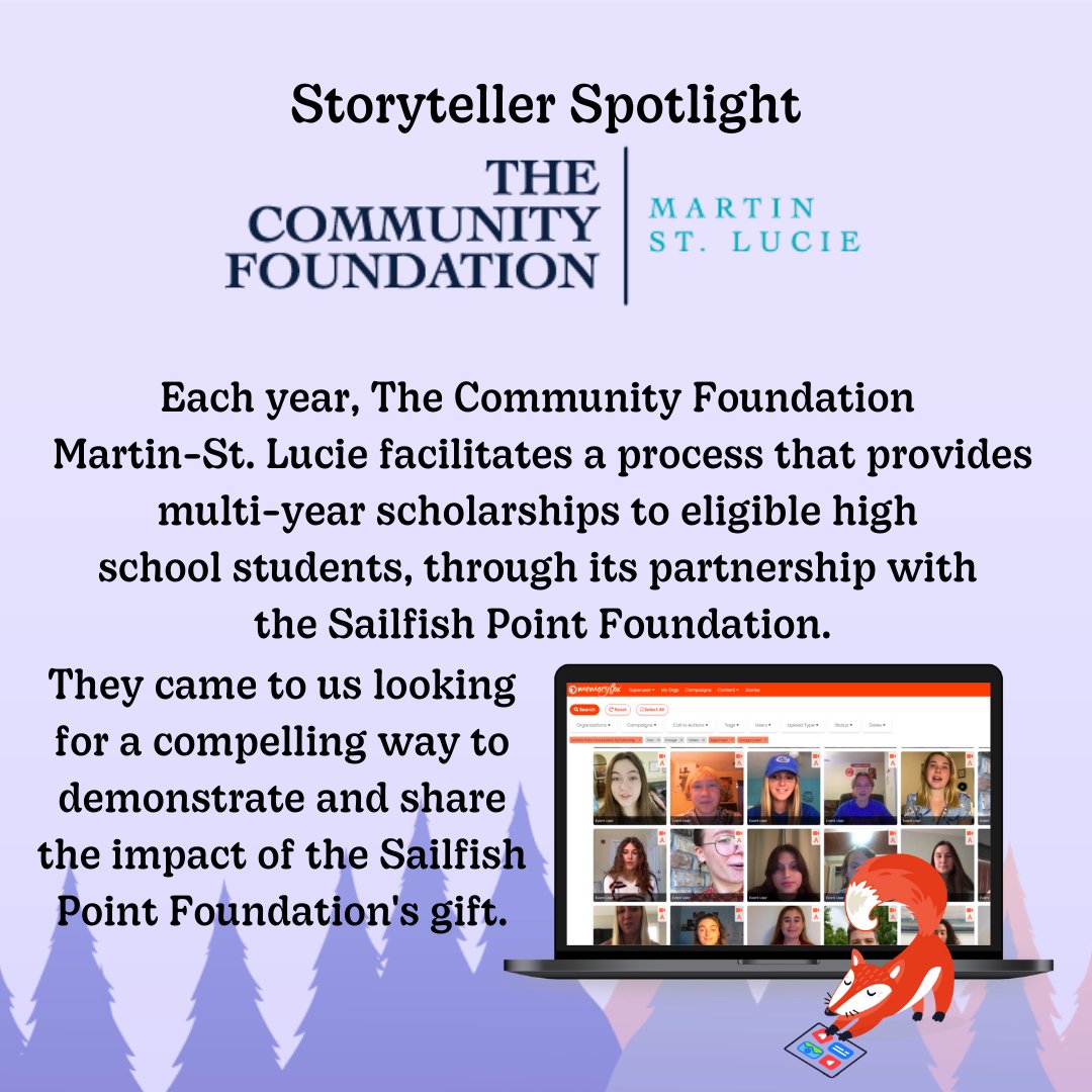 TheMemoryFox's tweet photo. #StorytellerSpotlight: The Community Foundation Martin - St. Lucie. Each year, they facilitate a process that provides scholarships to HS students.
But how do they show funders the impact of their gifts? That's where #MemoryFox comes in: https://t.co/djjgrYqQyH https://t.co/3MLZVXFJ80