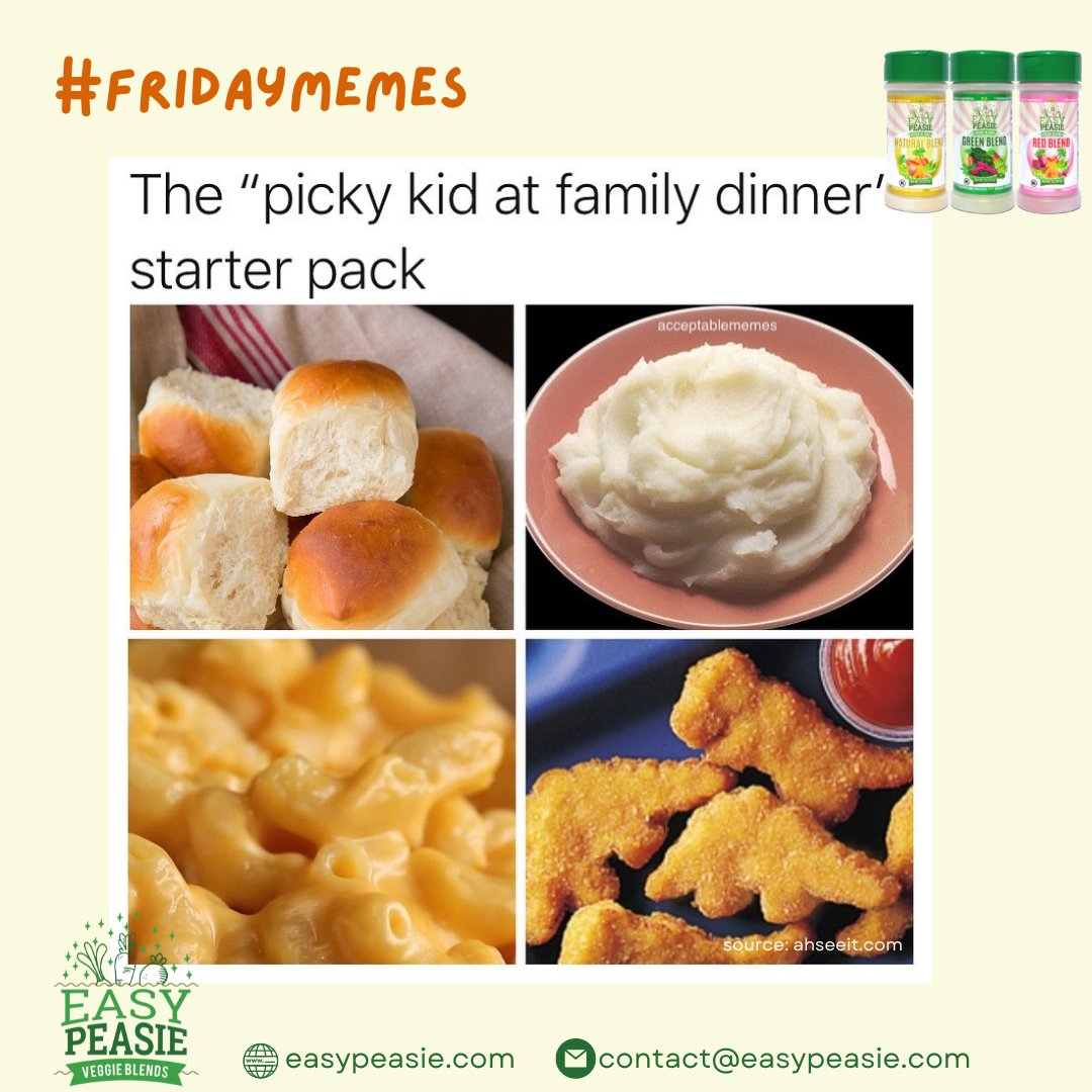 easypeasieco's tweet photo. Picky kid at family dinner starter pack: Mac and cheese, chicken nuggets, and a side of eye rolls. π
And a side note -- EasyPeasie goes great on all these!!
#easypeasie #veggiehack #healthykids #pickyeaters #familydinner #momlife https://t.co/GEyXVrFVXU