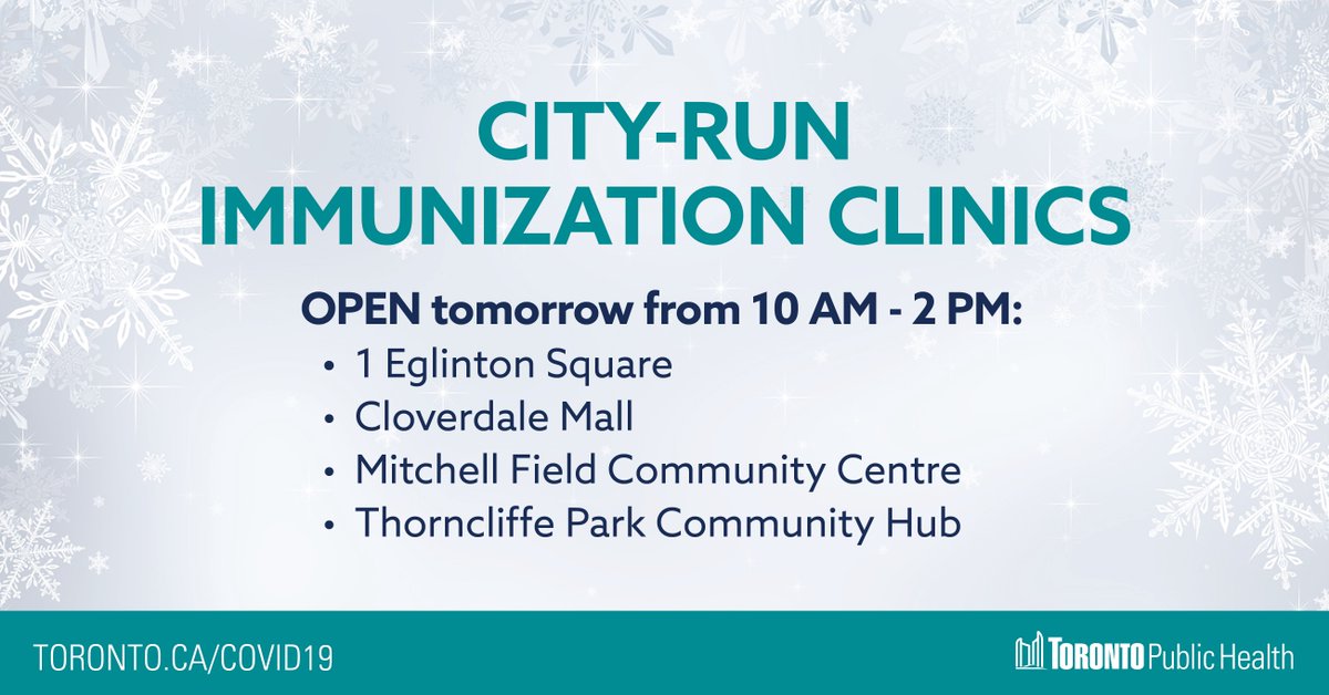 Heads up TO! Our mobile clinics &amp; City-run clinics will be operating on reduced hours tomorrow (Sat, Dec 31) and closed Jan 1 &amp; 2 for the New Year. More info: 

➡ City-run clinics: toronto.ca/home/covid-19/… 

➡ Mobile clinics: sites.google.com/mobilevaccinat…