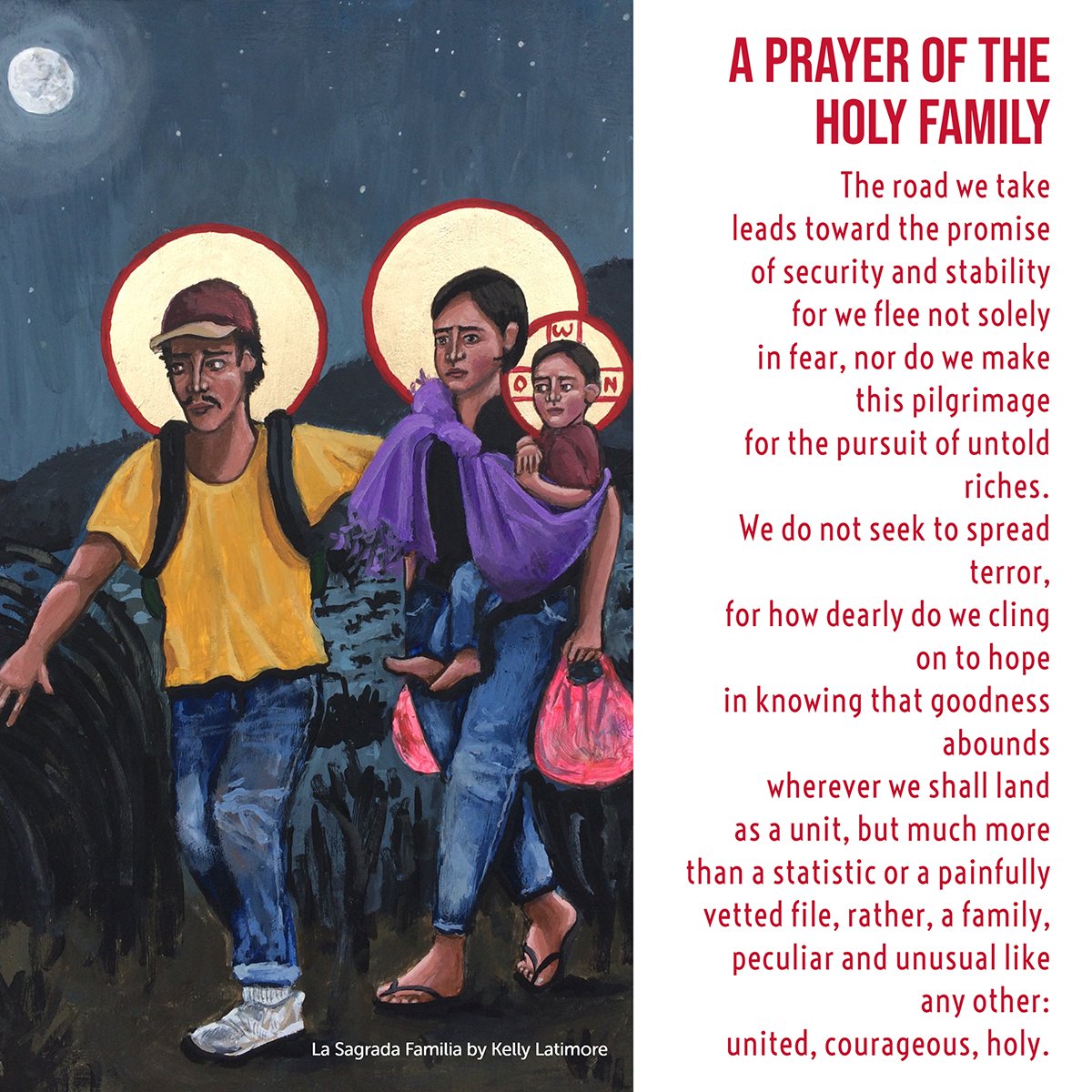 Today, on the feast of the Holy Family, we pray for all families seeking refuge and peace. Prayer by <a href="/JoshuaUtter/">Joshua Utter</a> of @jrsusa; icon by <a href="/KLICONS/">Kelly Latimore Icons</a>. ow.ly/5h7H50MeXZh