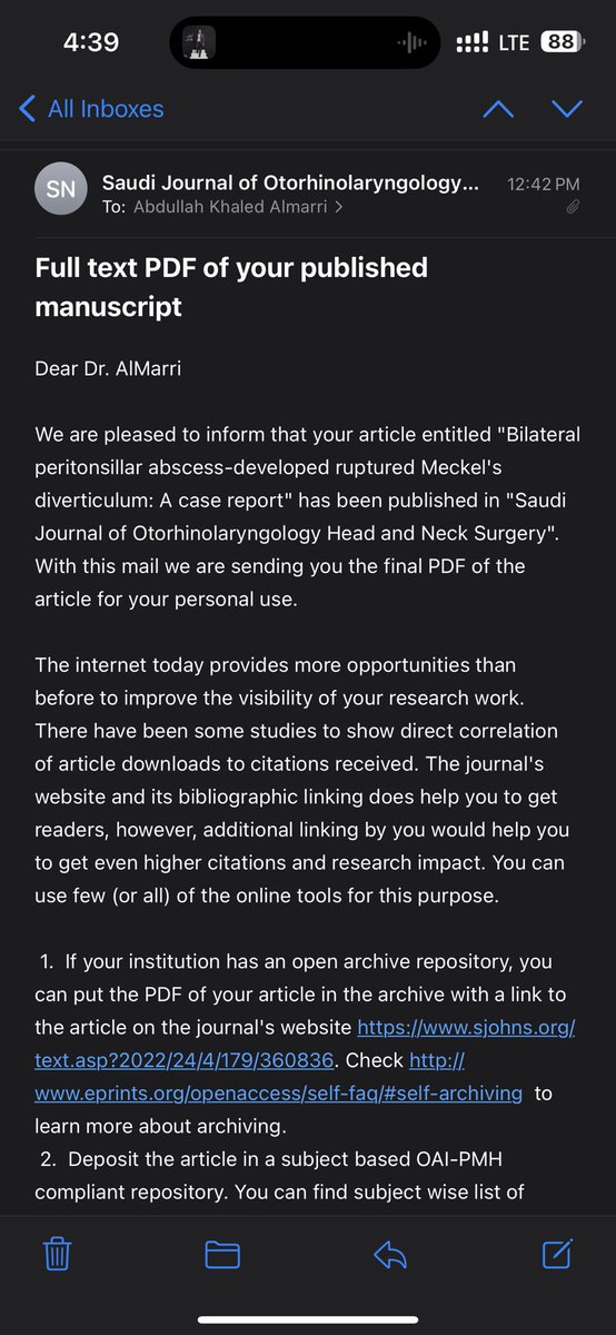 اللهم لك الحمد ختام سنة جميل 😍😍 تم نشر اخر case report في Saudi Journal of Otorhinolaryngology @SaudiHns احب اشكر د عبدالعزيز العنزي @AbdulazizEnizi على الاسلوب والاخلاق والعلم والفرصة اللي جمعتني فيه 🙏🏻