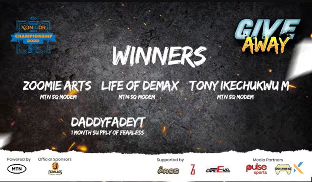 kon10dr's tweet photo. Our giveaway winners of MTN 5G Modems and Fearless Energy Drink. Ps 5 winner yet to be announced so STAY TUNED #kecvirtual22 https://t.co/vdOAhVvBwx
