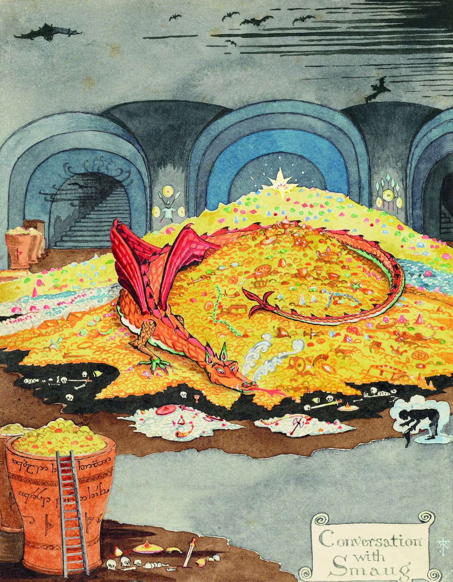 TolkienWonder's tweet photo. A wonderful high-resolution image of Tolkien's illustration of Smaug and Bilbo. https://t.co/Z7n5H8Zbsa