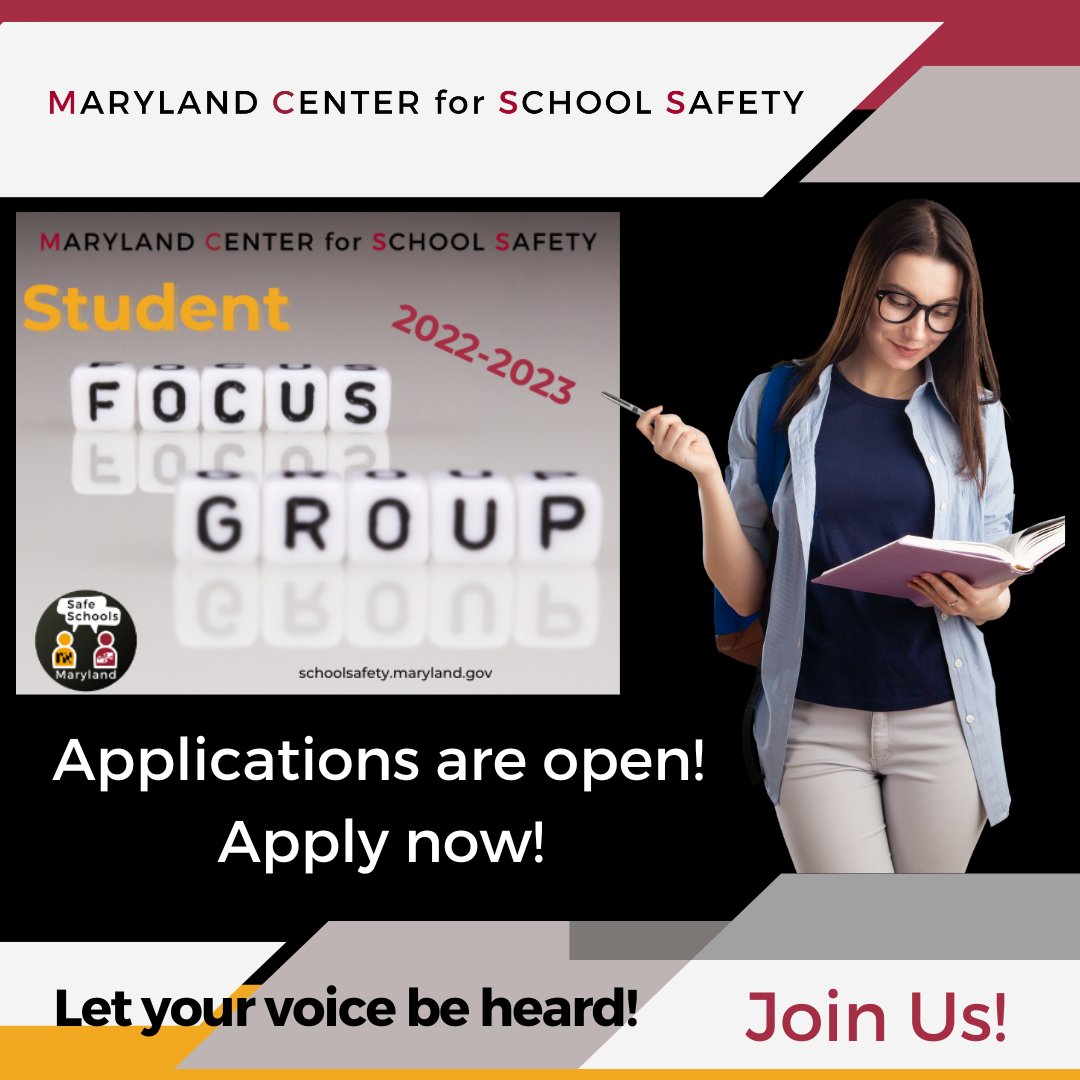 Students, are you concerned about school safety? Be part of the solution and apply to our Student Focus Group Advisory Panel. MCSS SFG is looking for students in grades 6-12 attending a Maryland public or nonpublic school to apply bit.ly/3FGzlDF @SafeSchoolsMD #MDstudent