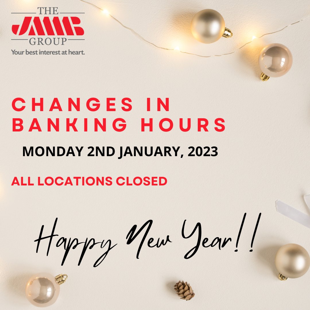 jmmbgrouptt's tweet image. Hello,

Please be advised of the change in our banking hours at our branches.

𝐖𝐢𝐬𝐡𝐢𝐧𝐠 𝐲𝐨𝐮 𝐚𝐧𝐝 𝐲𝐨𝐮𝐫 𝐟𝐚𝐦𝐢𝐥𝐲 𝐚 𝐯𝐞𝐫𝐲 𝐇𝐚𝐩𝐩𝐲 𝐍𝐞𝐰 𝐘𝐞𝐚𝐫!

#jmmbtt #jmmbgrouptt #bestinterestatheart❤️