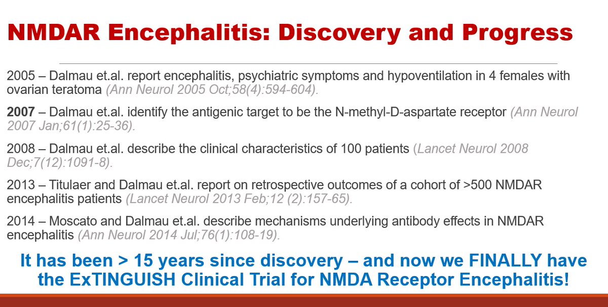 extinguishtrial's tweet image. A brief history of NMDAR Encephalitis milestones👇 After many years in the making, @ExTINGUISHTrial is enrolling NOW at over 20 sites in the US, for newly diagnosed patients, at time of diagnosis: clinicaltrials.gov/ct2/show/NCT04…

#MedTwitter #NeuroTwitter #NeuroTwitterNetwork