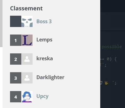 UpcyId's tweet image. Réussir à monter dans le classement de la ligue argent de 856 places pour finir bloqué à 4 places du boss :
Frustration...
(Codingame Fall Challenge 2022)
#codingame #codeuse #php