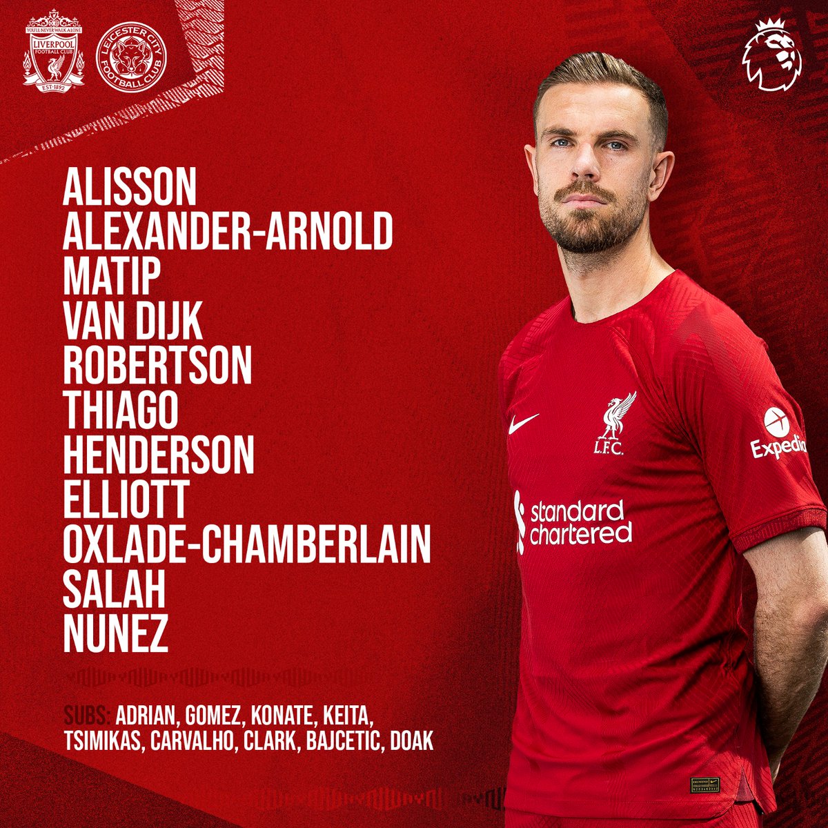 LFC's tweet photo. #LIVLEI Team news 📋

How we line-up to face Leicester City tonight at Anfield 🔴