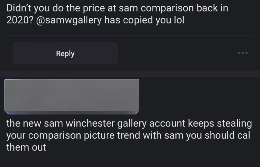 wanted to clarify this bc i’ve been getting ccs like for a While: i didn’t invent comp pics of sam so there’s no “copying”! + im obv inactive now &amp; that someone else is there to fill the void makes me v glad! <a href="/samwgallery/">sam winchester gallery</a> r cool, new sam accs is a thing to celebrate 🤗 follow em!
