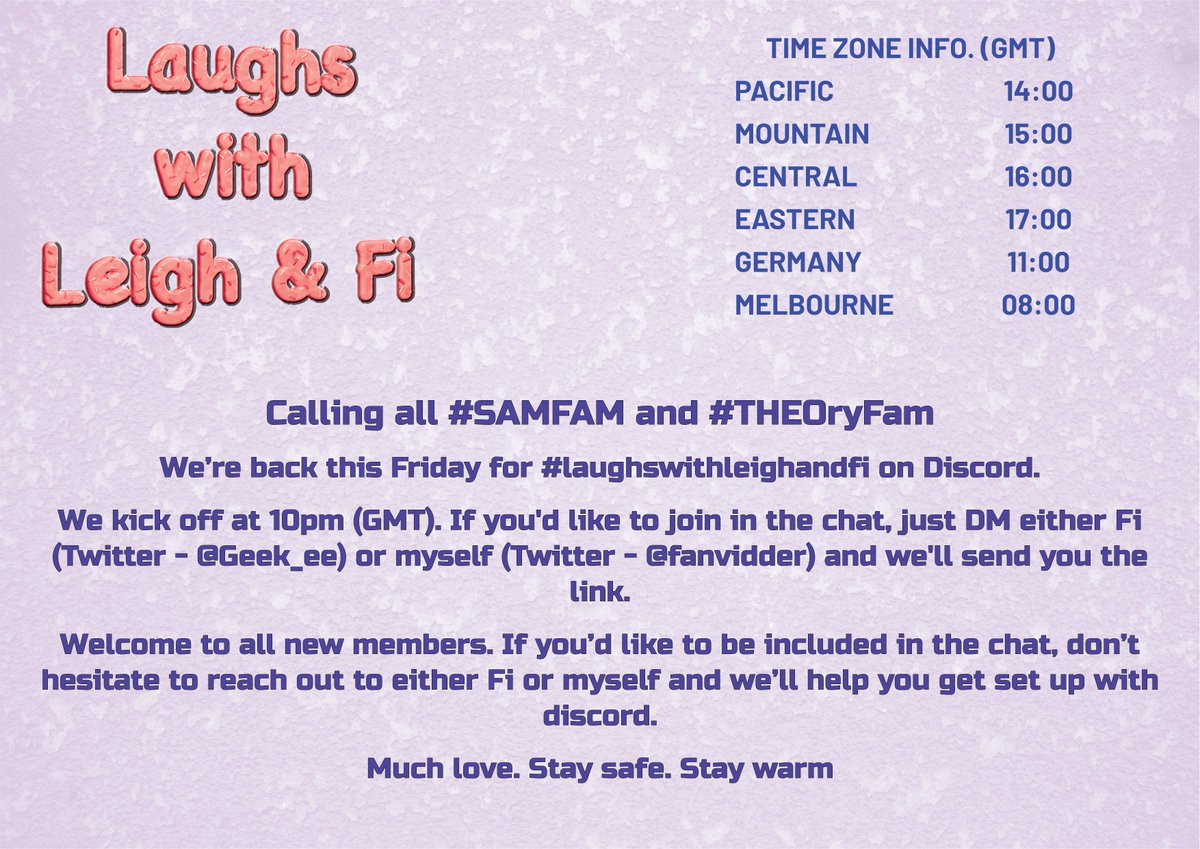 FanVidder's tweet photo. Hey #SAMFAM #SAMily #THEOryFAM we're back for the last #LWLAF of 2022. Come and join us on Discord for a chat and a laugh. @Geek_ee @LuluWild13 @kszuk_zuk @OrtizLemansky @KimFCoates @Theorossi @justinryanorg @WendyAndrew_ @AngieMcnamara6 @AndyLGirl @Kerstin2Punkt0 @EssieGee86 https://t.co/wYOv5uTuNd