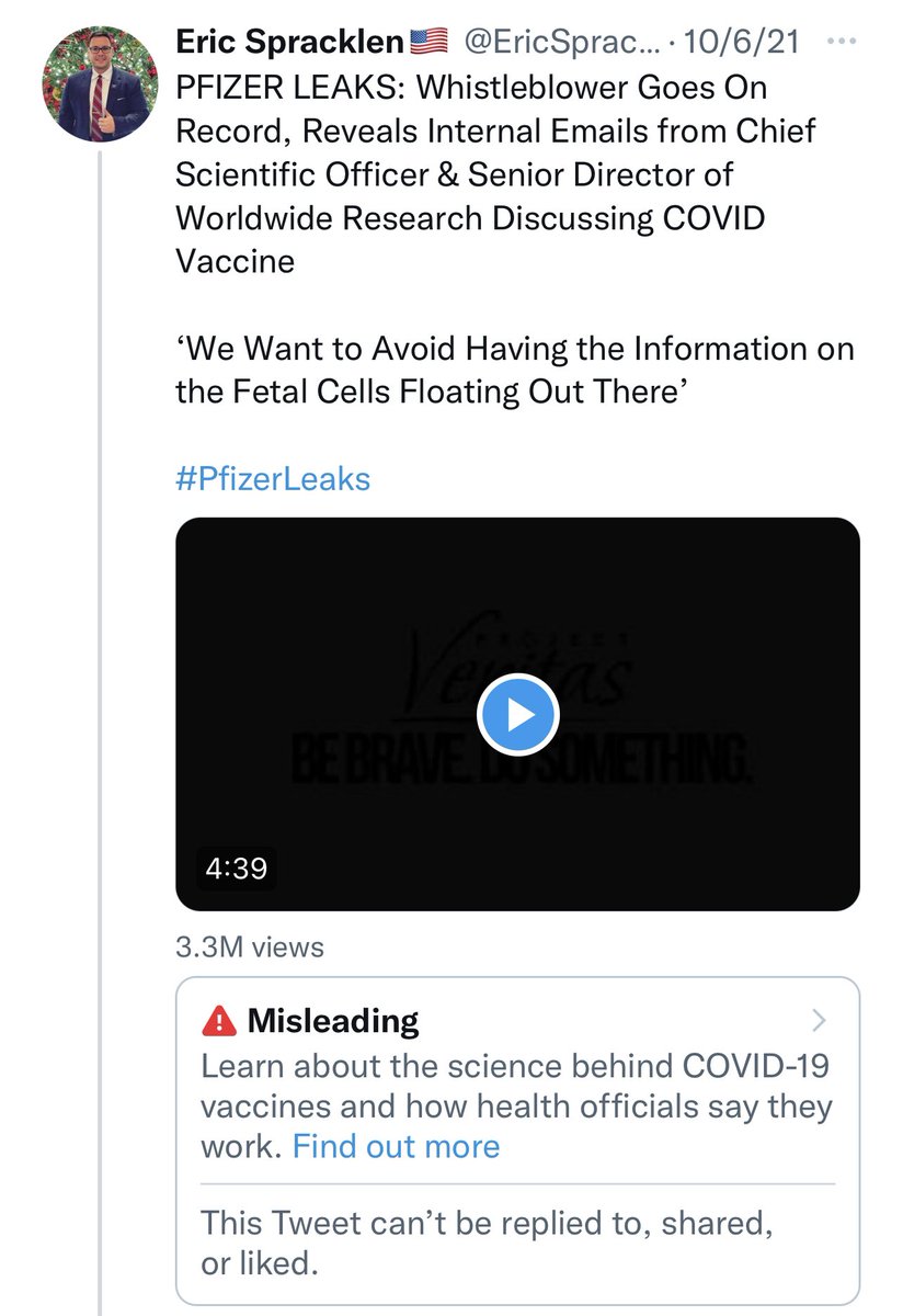 EricSpracklen's tweet photo. 🚨🚨 @elonmusk - please look into why the #PfizerLeaks video was labeled as “misleading” 

A whistleblower came forward to @Project_Veritas with internal @pfizer emails that showed that they wanted to suppress public knowledge of fetal cells being used in vaccine testing. https://t.co/waMoeUlGbc
