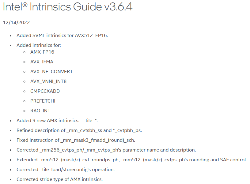 InstLatX64's tweet photo. #Intel Intrinsic Guide 3.6.4 with #RAOINT, #AMXFP16, #CMPccXADD, #AVXIFMA, #AVXNECONVERT, #AVXVNNIINT8, #PREFETCHTIT0/1
https://t.co/Zmakx0CVsJ
#Crestmont #GraniteRapids #RedwoodCove #GrandRidge https://t.co/IoHZ2w2MyT